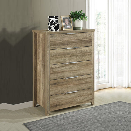 Tallboy with 5 Storage Drawers Natural Wood like MDF in Oak Colour.
