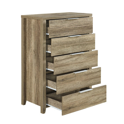 Tallboy with 5 Storage Drawers Natural Wood like MDF in Oak Colour.