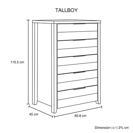 Tallboy with 5 Storage Drawers Natural Wood like MDF in Oak Colour.