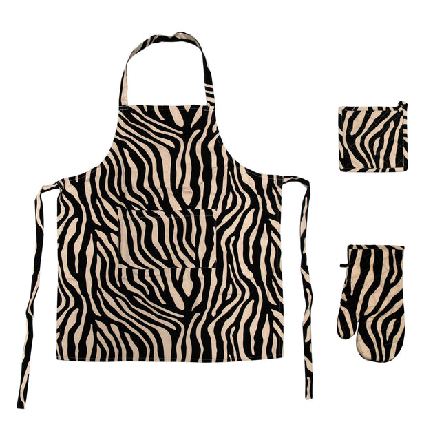 Set of 3 Cotton Linen Zebra Kitchen Set.