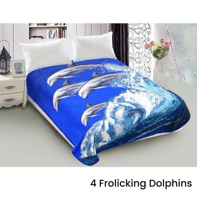 800GSM Luxury Reversible Animal Mink Blanket Queen 200 x 240 cm Frolicking Dolphins.