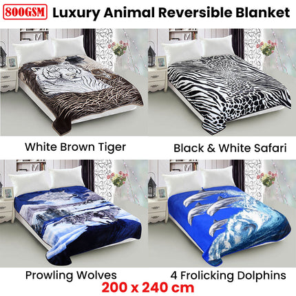 800GSM Luxury Reversible Animal Mink Blanket Queen 200 x 240 cm Frolicking Dolphins.