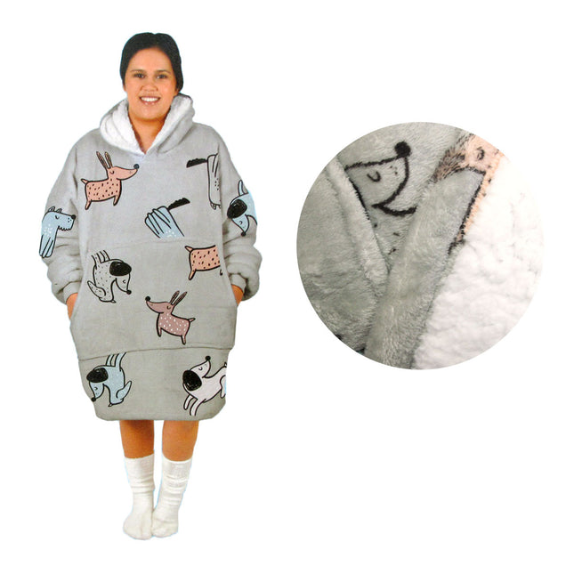 Adult Women Comfy Warm Blanket Hoodie with Sherpa Fleece Reverse Grey Dogs.