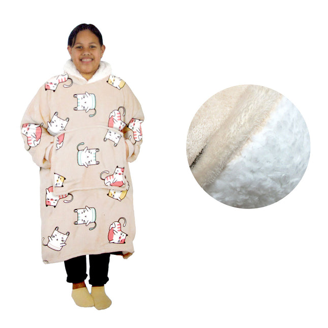 Girls Comfy Warm Blanket Hoodie with Sherpa Fleece Reverse Kawaii Cat.