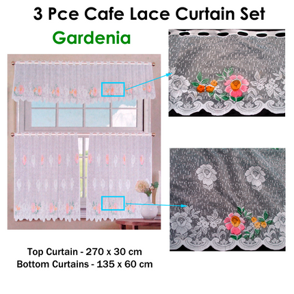 3 Pce Cafe Gardenia Lace Curtain Set.