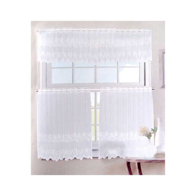 3 Pce Cafe Rose Lace Curtain Set.