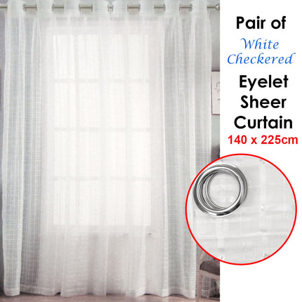 Pair of White Checkered Eyelet Sheer Curtains 140 x 225cm.