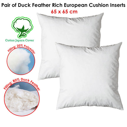 Pair of Duck Feather Rich Fill European Cushion Inserter 65 x 65 cm.