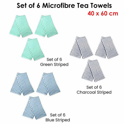 Set of 6 Microfibre Striped Tea Towels 40 x 60 cm Blue.