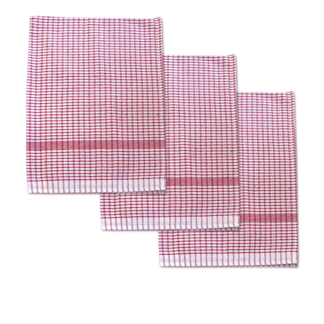 Set of 3 Jumbo Cotton Checkered Tea Towels 60 x 90 cm Red.