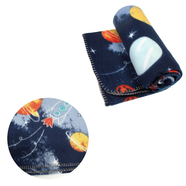 Funky Cute Polar Fleece Throw Rug Navy Planet Space.