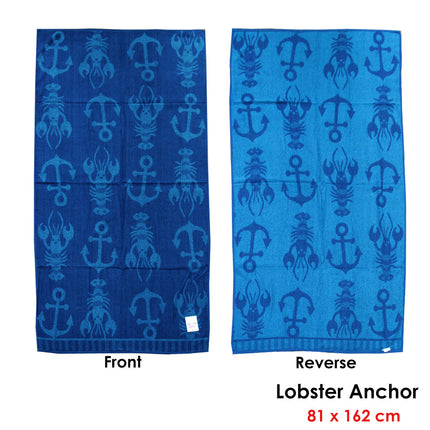 Jacquard Velour Reversible Beach Towel Blue Lobster Anchor.