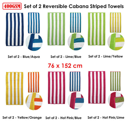 Set of 2 Reversible Cabana Striped Towels Lime/Yellow.