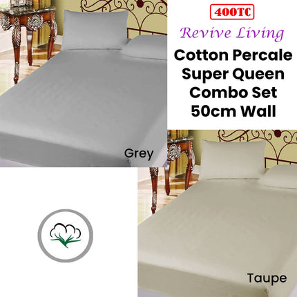 400TC Cotton Percale Super Queen Combo Set 50cm Wall Grey.