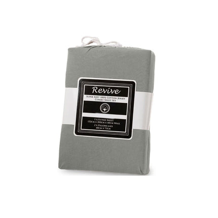 Revive Silver 100% Cotton Jersey Super Soft Fitted Sheet Combo Set King Single 35cm Wall.