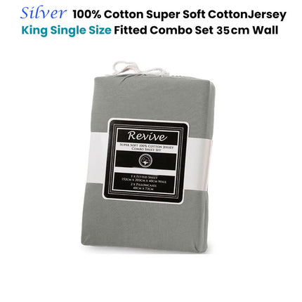Revive Silver 100% Cotton Jersey Super Soft Fitted Sheet Combo Set King Single 35cm Wall.