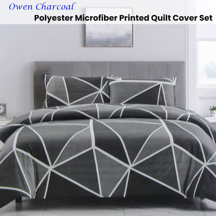Artex Owen Charcoal Quilt Cover Set Geometric Pattern Reversible Printed Microfiber Polyester Queen.