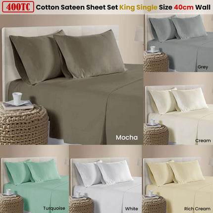 400TC 100% Cotton Sateen Premium Sheet Set 40cm Wall Mocha King Single.