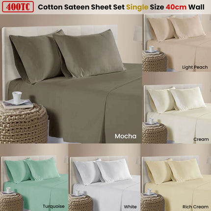 400TC 100% Cotton Sateen Premium Sheet Set 40cm Wall Mocha Single.