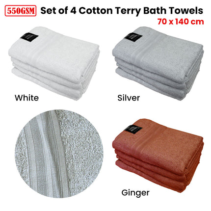 550GSM Set of 4 100% Cotton Terry Bath Towels 70 x 140 cm White.