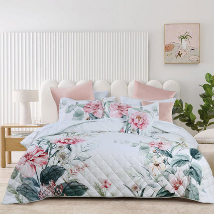 Bianca Coleraine White Floral Printed Bedspread Set King Single.
