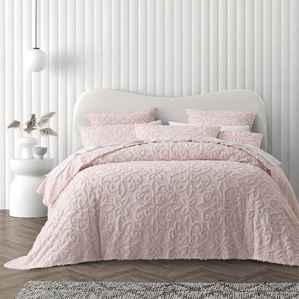 Bianca Ella Blush Cotton Chenille Floral Bedspread Set Super King.