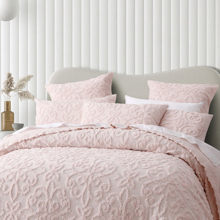 Bianca Ella Blush Cotton Chenille Floral Bedspread Set Super King.
