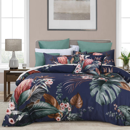 Bianca Balwyn Navy Cotton Sateen Botanical Quilt Cover Set Super King.