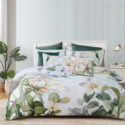 Bianca Helensvale White Floral Cotton Sateen Quilt Cover Set Double.