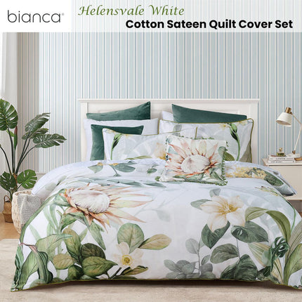 Bianca Helensvale White Floral Cotton Sateen Quilt Cover Set Double.