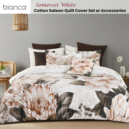Bianca Somerset White Cotton Sateen Floral Quilt Cover Set Queen.
