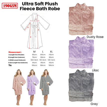 190GSM Ultra Soft Plush Fleece Bath Robe Lilac L.