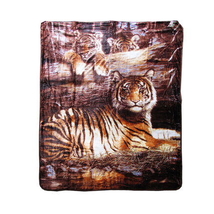 375gsm 1 Ply 3D Print Faux Mink Blanket Queen 200x240 cm Tiger Family.
