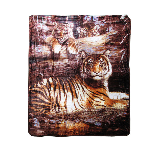 375gsm 1 Ply 3D Print Faux Mink Blanket Queen 200x240 cm Tiger Family.