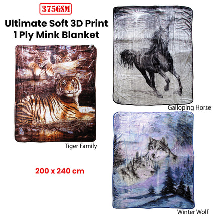375gsm 1 Ply 3D Print Faux Mink Blanket Queen 200x240 cm Tiger Family.