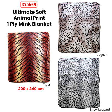 375gsm 1 Ply Animal Print Faux Mink Blanket Queen 200x240 cm Tiger.