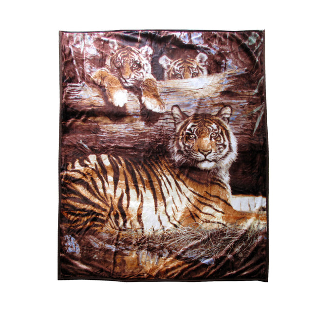 675gsm 2 Ply 3D Print Faux Mink Blanket Queen 200x240 cm Tiger Family.