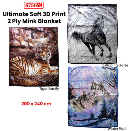 675gsm 2 Ply 3D Print Faux Mink Blanket Queen 200x240 cm Tiger Family.