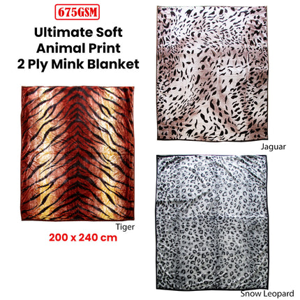 675gsm 2 Ply Animal Print Faux Mink Blanket Queen 200x240 cm Tiger.
