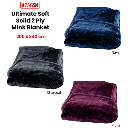 675gsm 2 Ply Solid Faux Mink Blanket Queen 200x240 cm Plum.