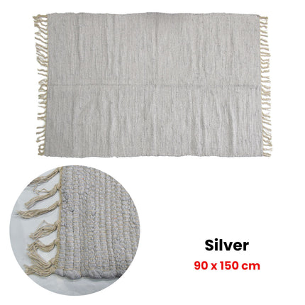 Large Chindi Cotton Handmade Floor Mat with Tassels 90 x 150 cm Silver.