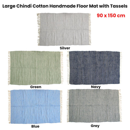 Large Chindi Cotton Handmade Floor Mat with Tassels 90 x 150 cm Silver.