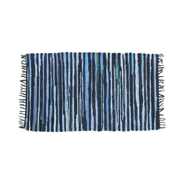 Tonal Chindi Cotton Handmade Floor Mat with Tassels 70 x 120 cm Blue.