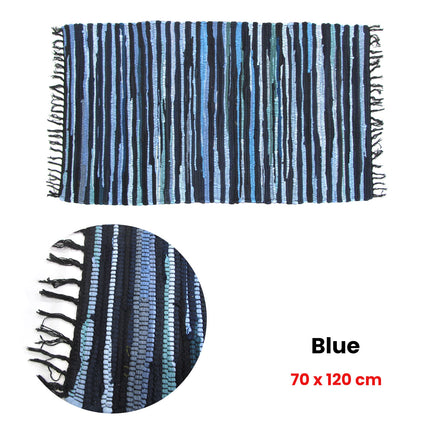 Tonal Chindi Cotton Handmade Floor Mat with Tassels 70 x 120 cm Blue.