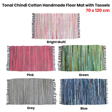 Tonal Chindi Cotton Handmade Floor Mat with Tassels 70 x 120 cm Pink.