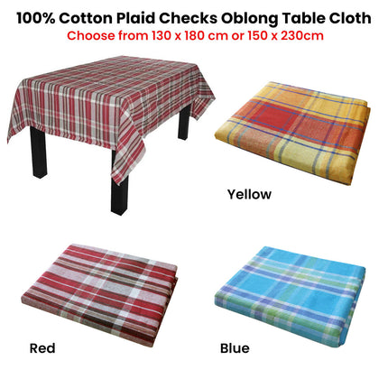 Cotton Plaid Checks Oblong Table Cloth Blue 150 x 230cm.