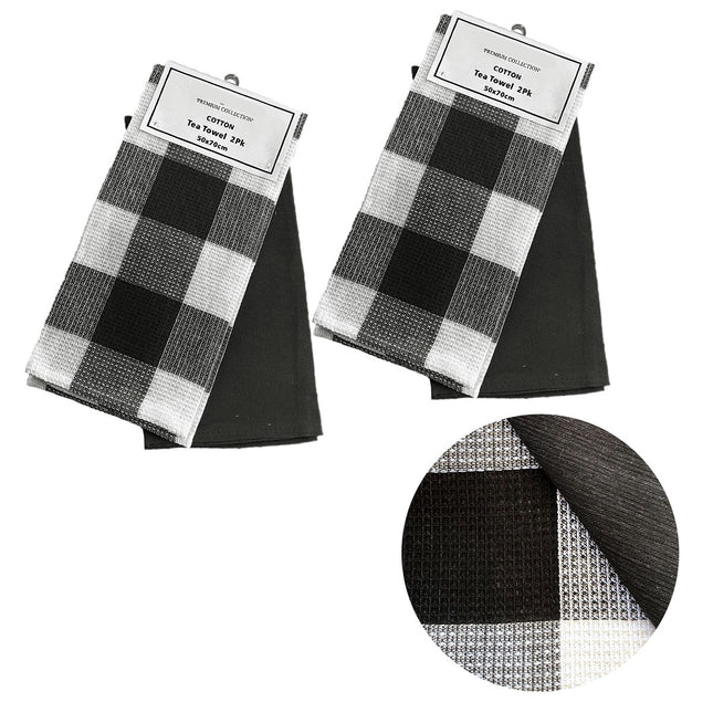 Set of 4 Cotton Waffle Checkered & Plain Dyed Tea Towels 50cm x 70cm Black.