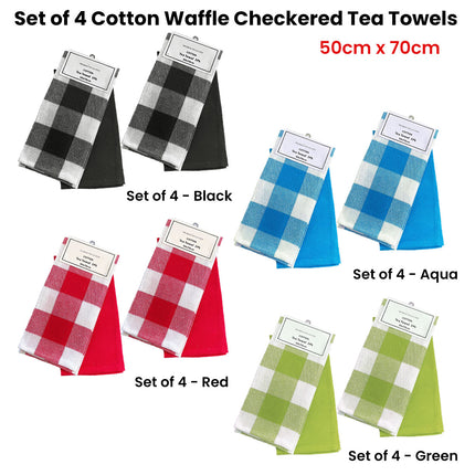 Set of 4 Cotton Waffle Checkered & Plain Dyed Tea Towels 50cm x 70cm Black.