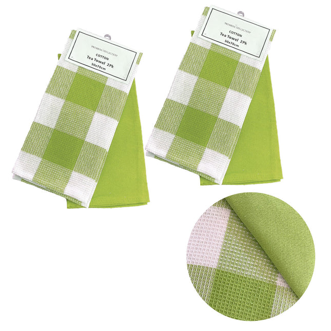 Set of 4 Cotton Waffle Checkered & Plain Dyed Tea Towels 50cm x 70cm Green.