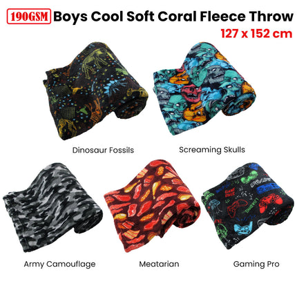 190GSM Boys Cool Ultra Soft Coral Fleece Throw 127 x 152cm Screaming Skulls.